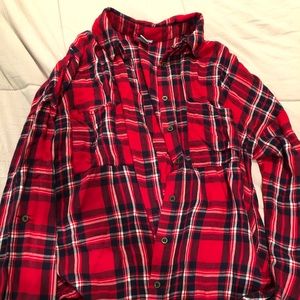 Red blue and white plaid button up shirt